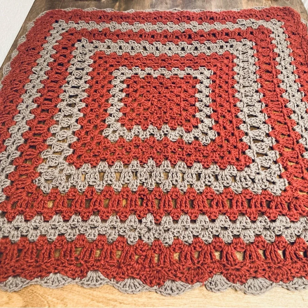 Vintage hand made retro burnt orange and grey knitted crochet granny table cover